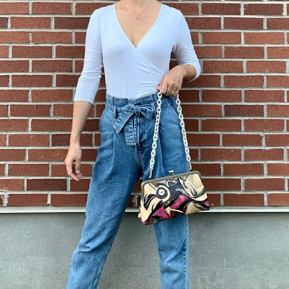 Abstract Print Cowhide Handmade Vintage Style Kisslock Clutch Bag, Crossbody - Picture 9 of 16